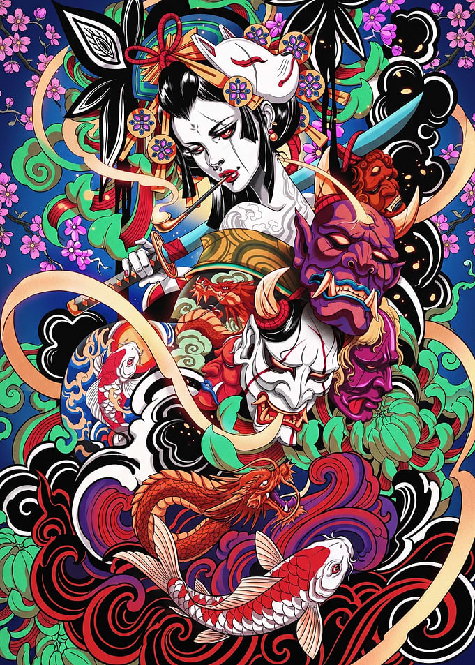 Japanese Oni Mask and Geisha Art