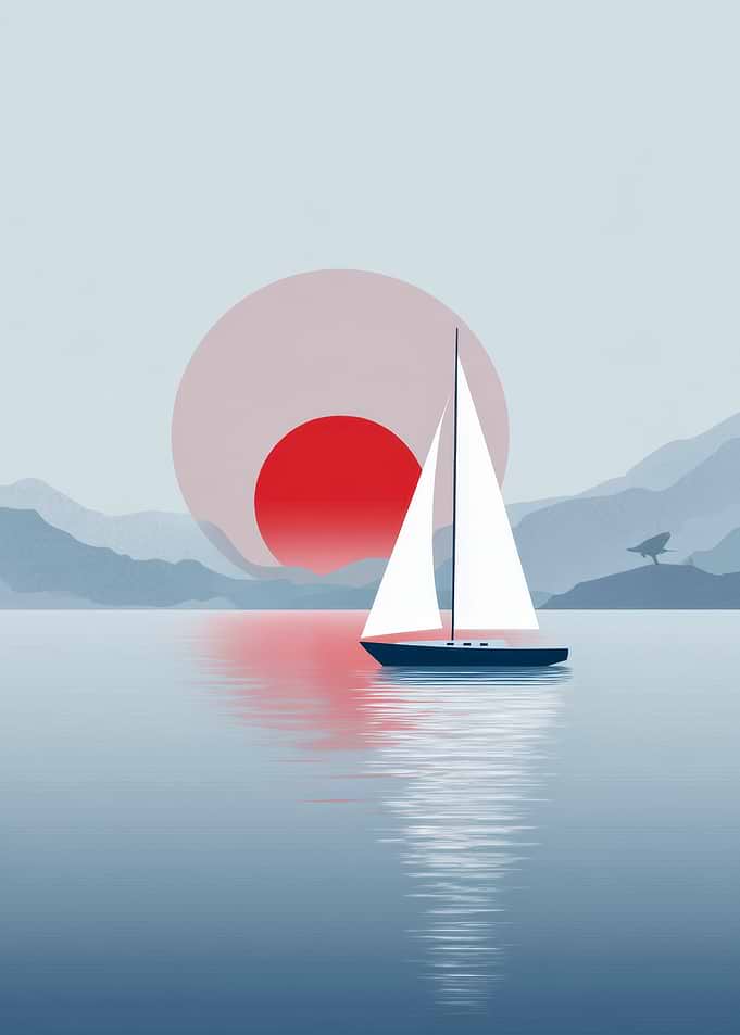 Minimalist Sailboat at Sunset Sea Beach