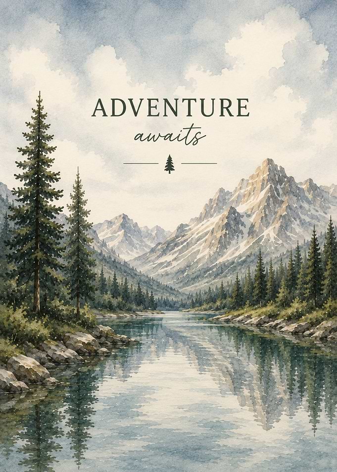 Adventure Awaits Mountain Lake Watercolor