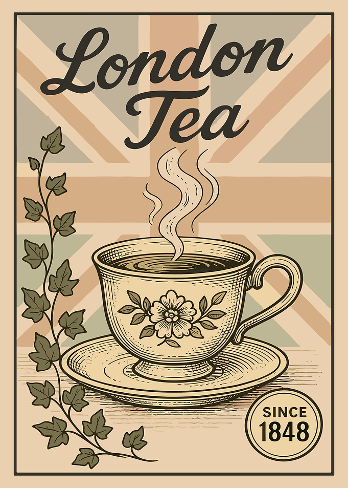 Vintage London Tea Poster British Teacup Wall Art Retro Tea Culture Print