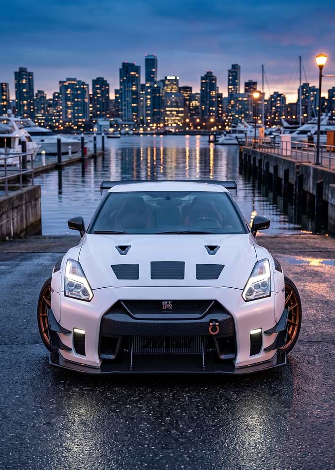 Modified White Nissan GT-R at Marina
