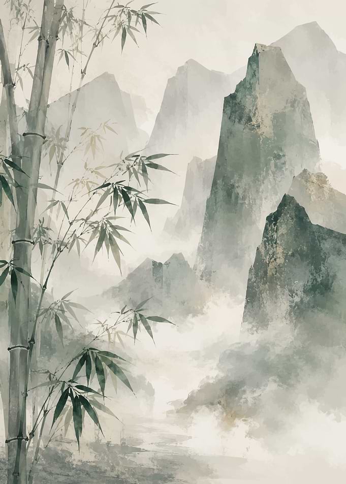 Traditional Ink Wash Bamboo Mountain Landscape