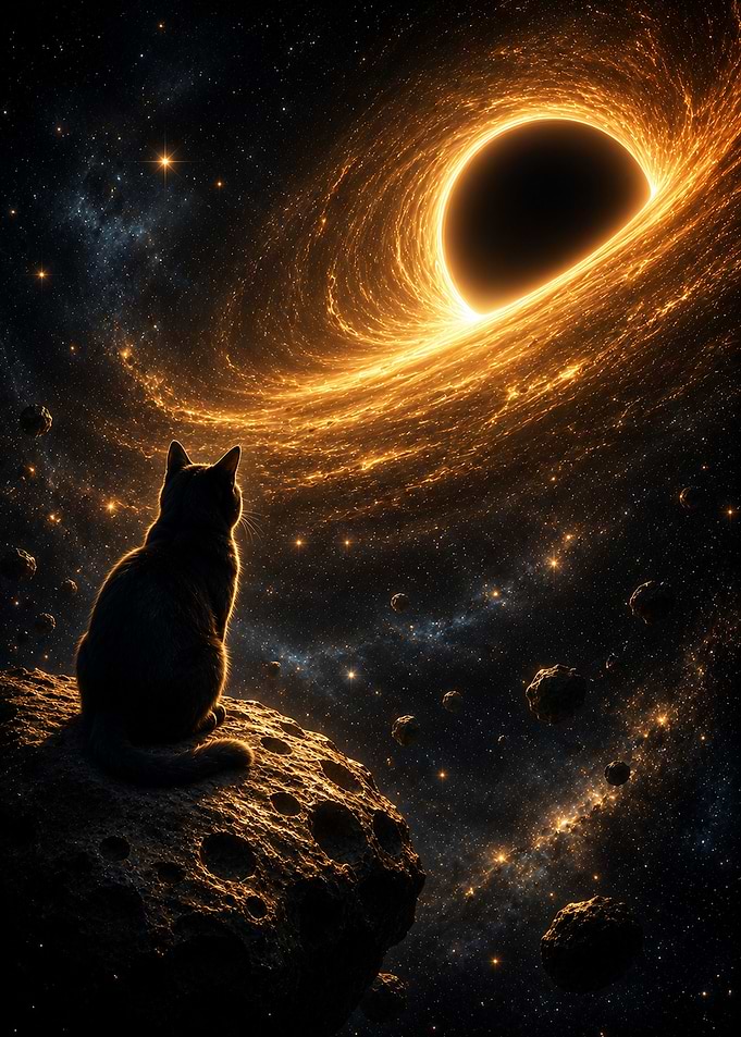 Cat Watching a Cosmic Black Hole