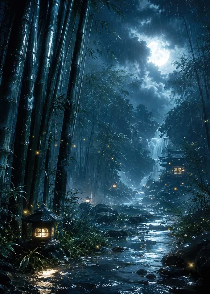 Moonlit Bamboo Forest Waterfall Scene