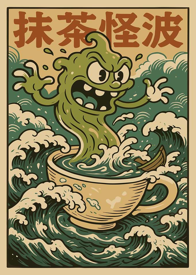 Vintage Matcha Monster Poster – Retro Rubber Hose Tea Art Wall Decor