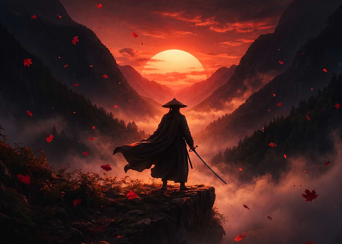 Samurai Standing on Cliff at Sunset