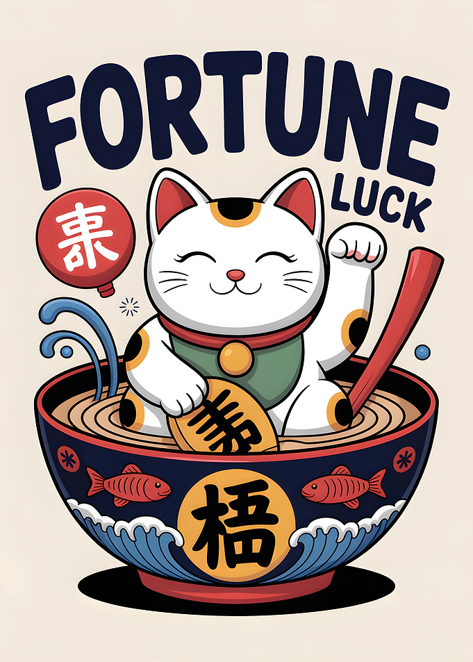Lucky Cat Maneki Neko Ramen Bowl Illustration