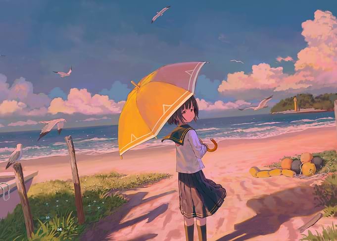 Anime Girl with Umbrella at Beach