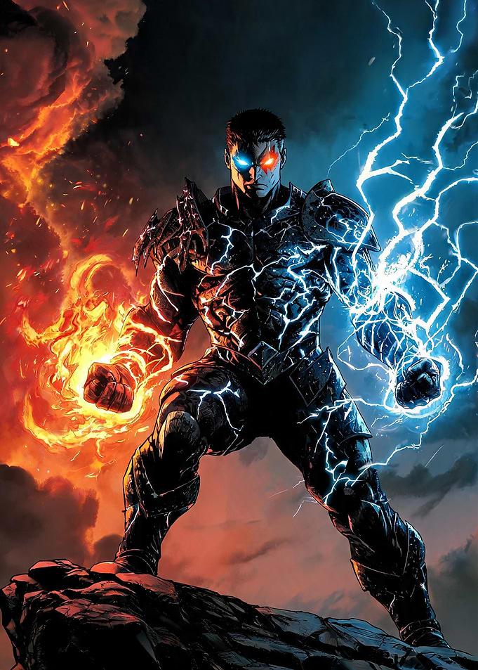 Warrior with Fire and Lightning Powers