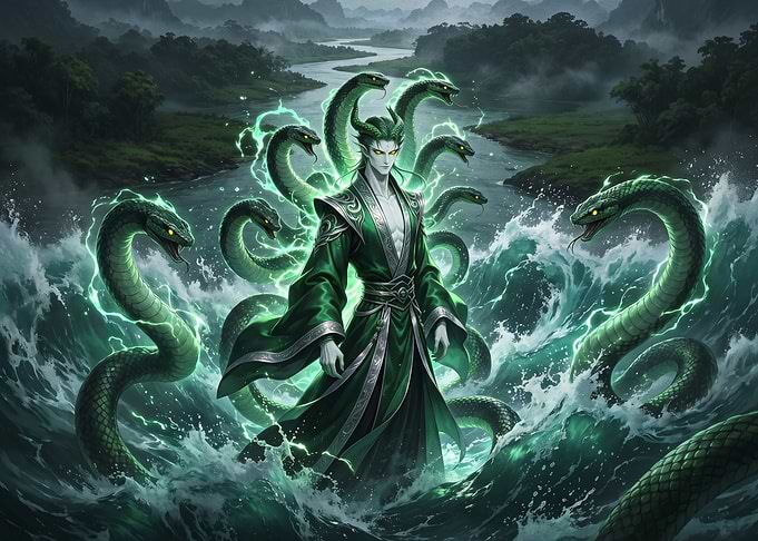 Green Serpent Sorcerer in Stormy Waters