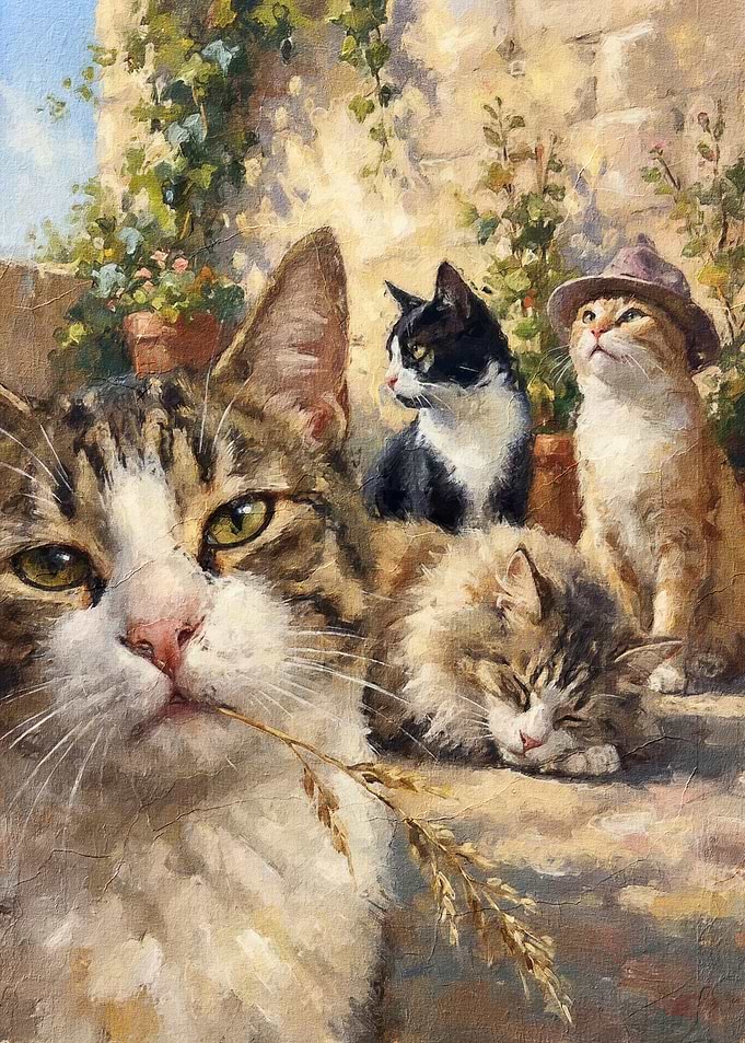 Four Cats in a Sunny Garden