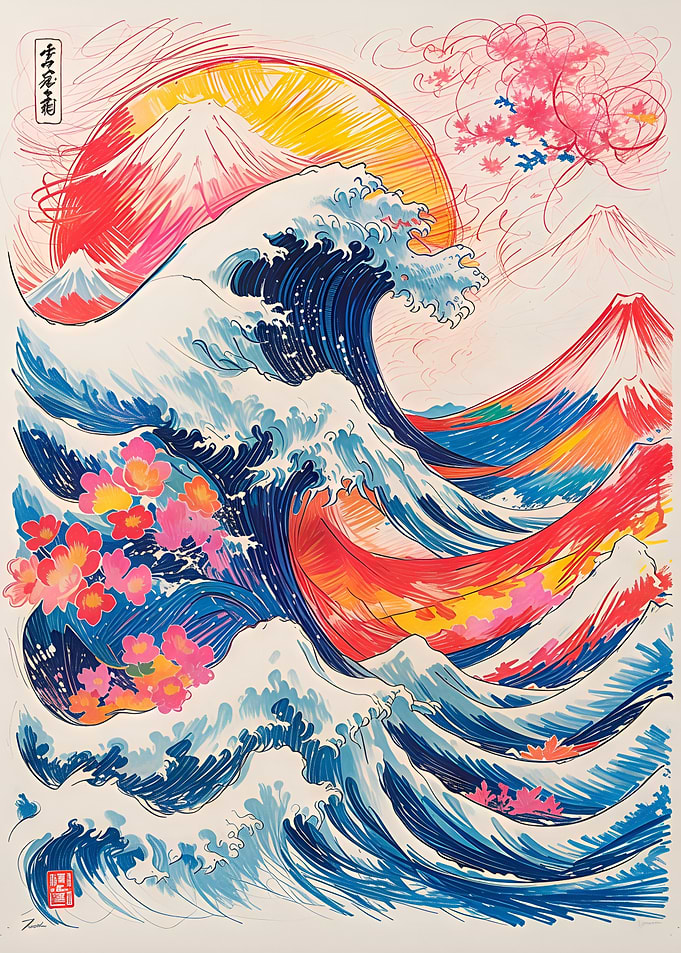 Vibrant Great Wave with Mount Fuji