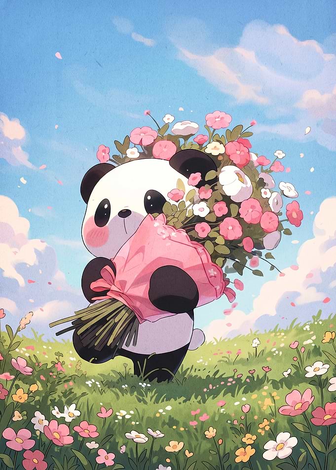 Cute Panda Holding Flower Bouquet