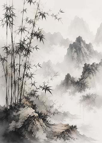 Traditional Ink Wash Bamboo Landscape