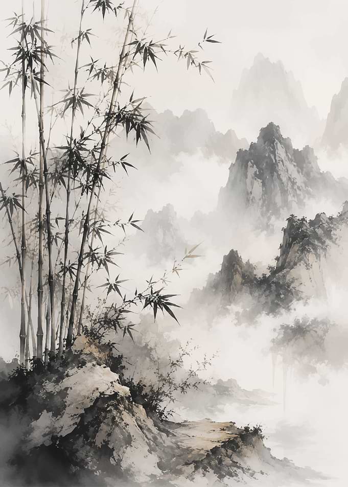 Traditional Ink Wash Bamboo Landscape