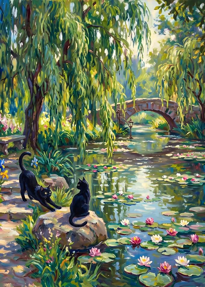 Two Black Cats by Lily Pond