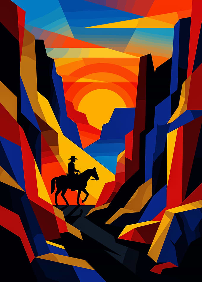 Geometric Cowboy Riding Through Canyon