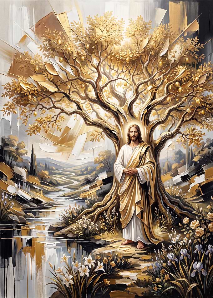 Jesus Standing by Golden Tree