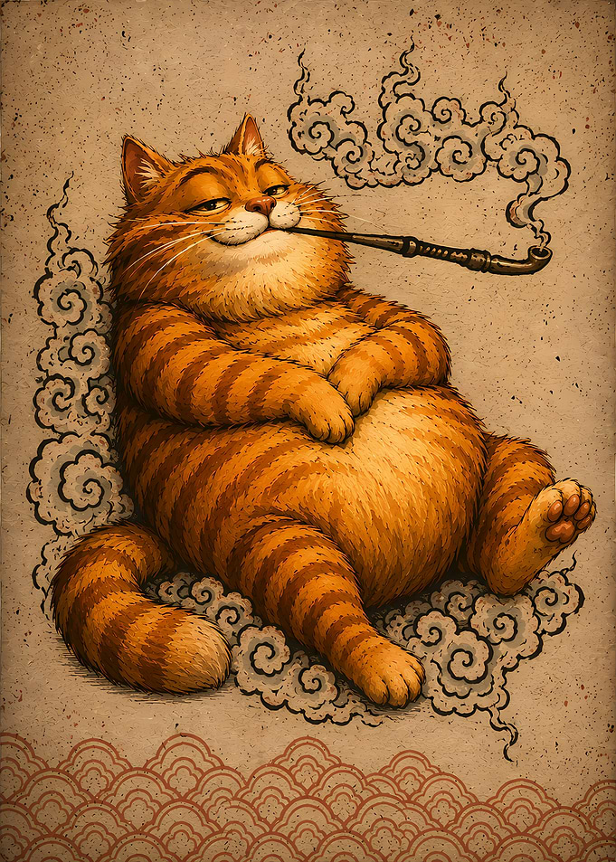 Fat Orange Cat Smoking Pipe