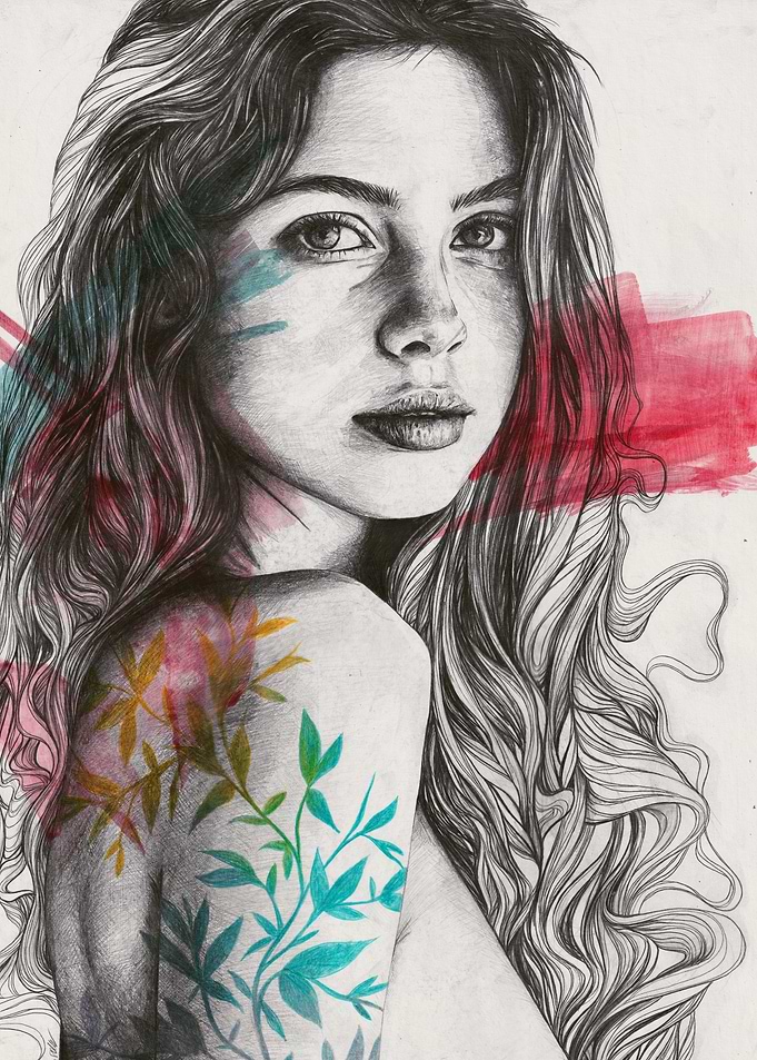 Woman with Colorful Leaves Tattoo