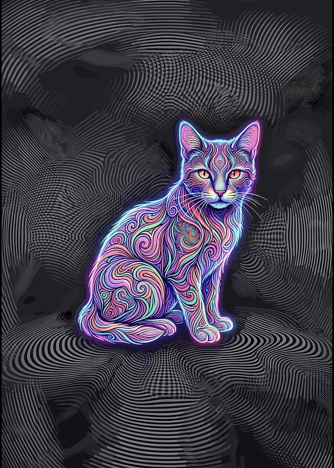 Psychedelic Neon Swirl Cat Art