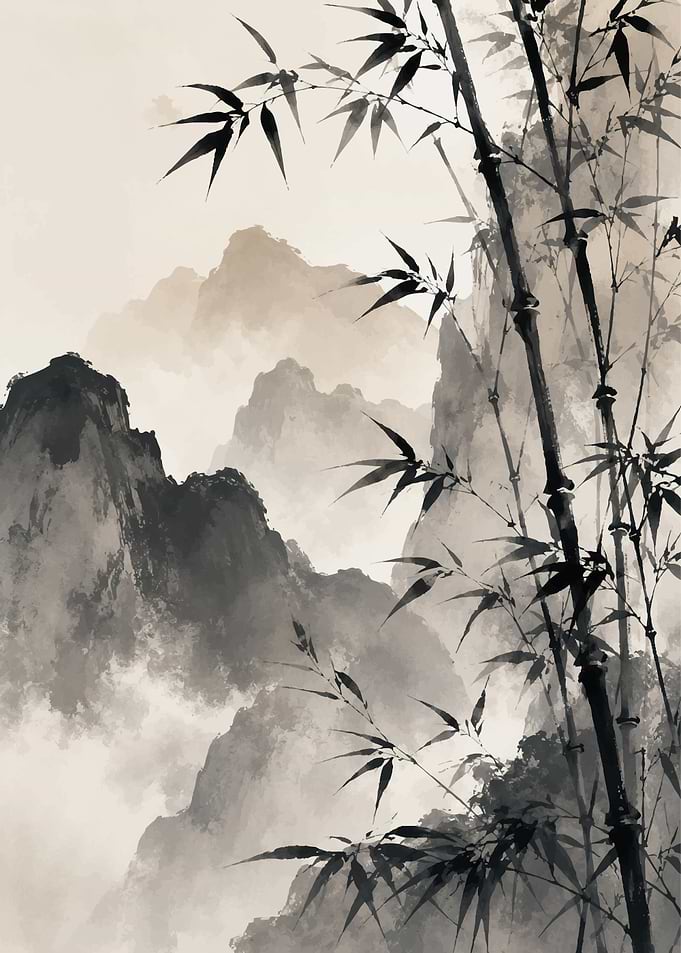Traditional Ink Wash Bamboo Mountain Landscape