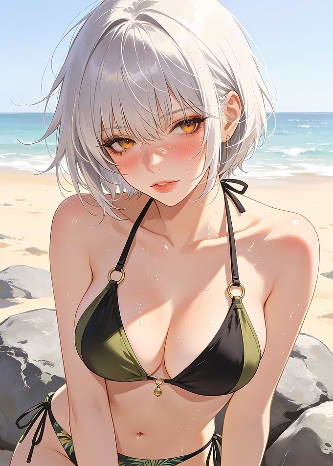 Silver-Haired Anime Beach Girl Golden Eyes Summer Portrait