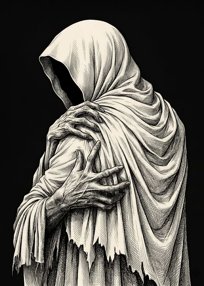 Eerie Cloaked Figure in Monochrome