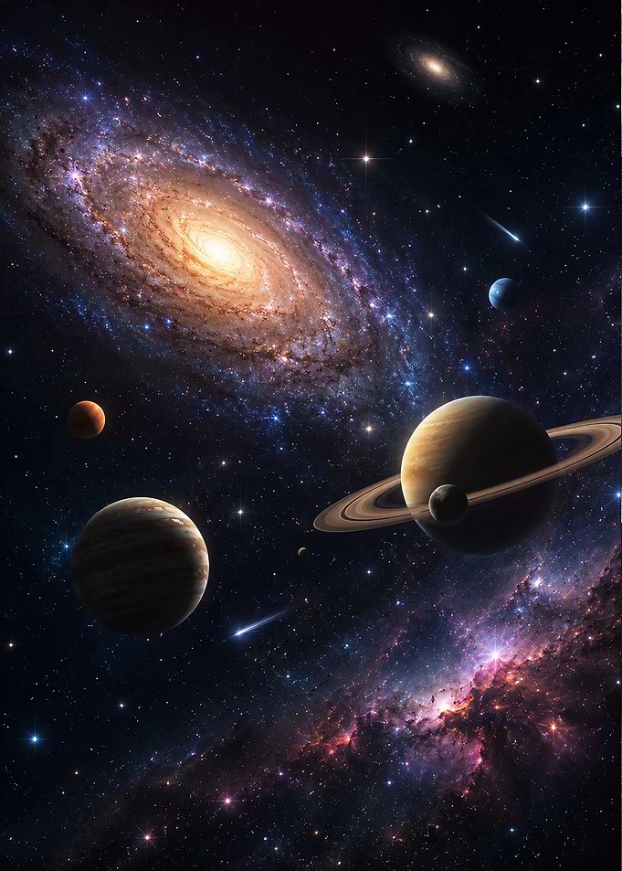 Vibrant Cosmic Galaxy and Planets