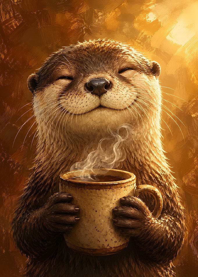Happy Otter Holding Steaming Mug