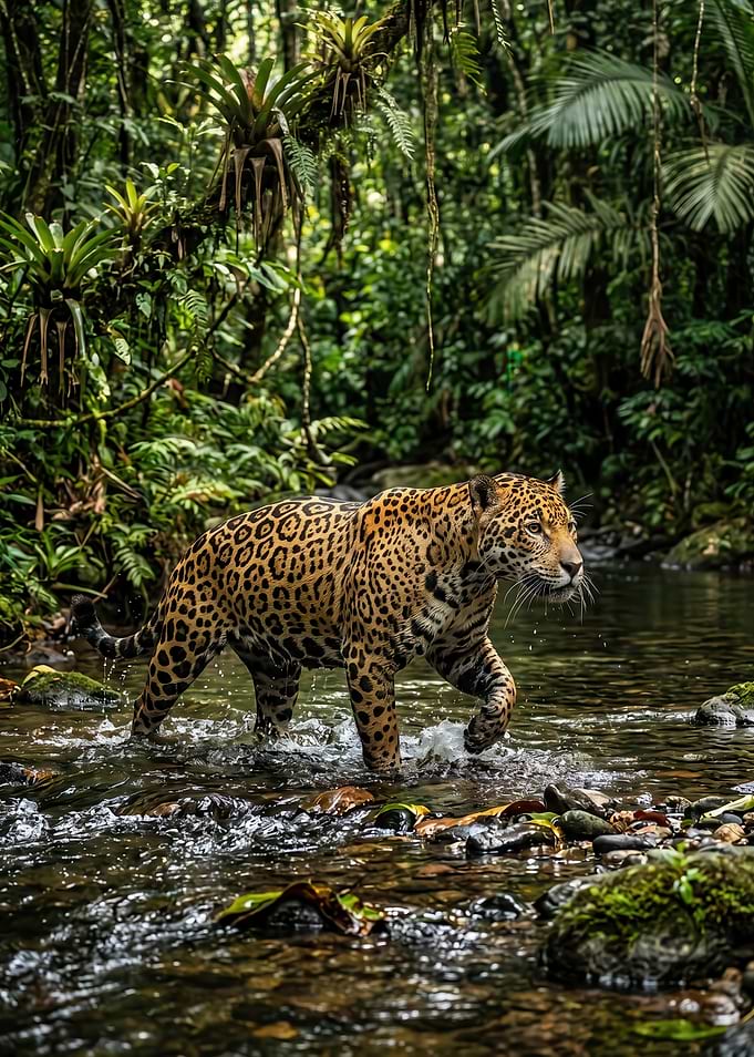 Jaguar Walking Through Tropical Stream