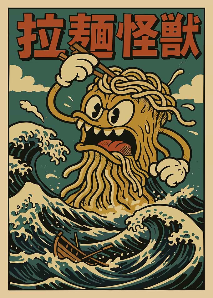 Retro Ramen Kaiju Great Wave Wall Art Japanese Ukiyo-e Style Monster Poster