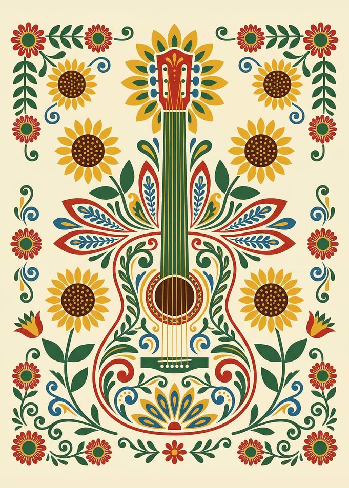 Symmetrical Kurbits Folk Art Sunflower Guitar Design