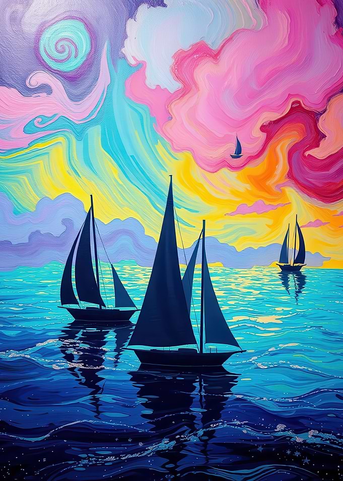 Vibrant Sailboats on Psychedelic Sea