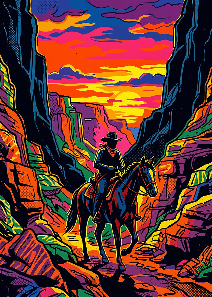 Neon Cowboy Riding Through Canyon