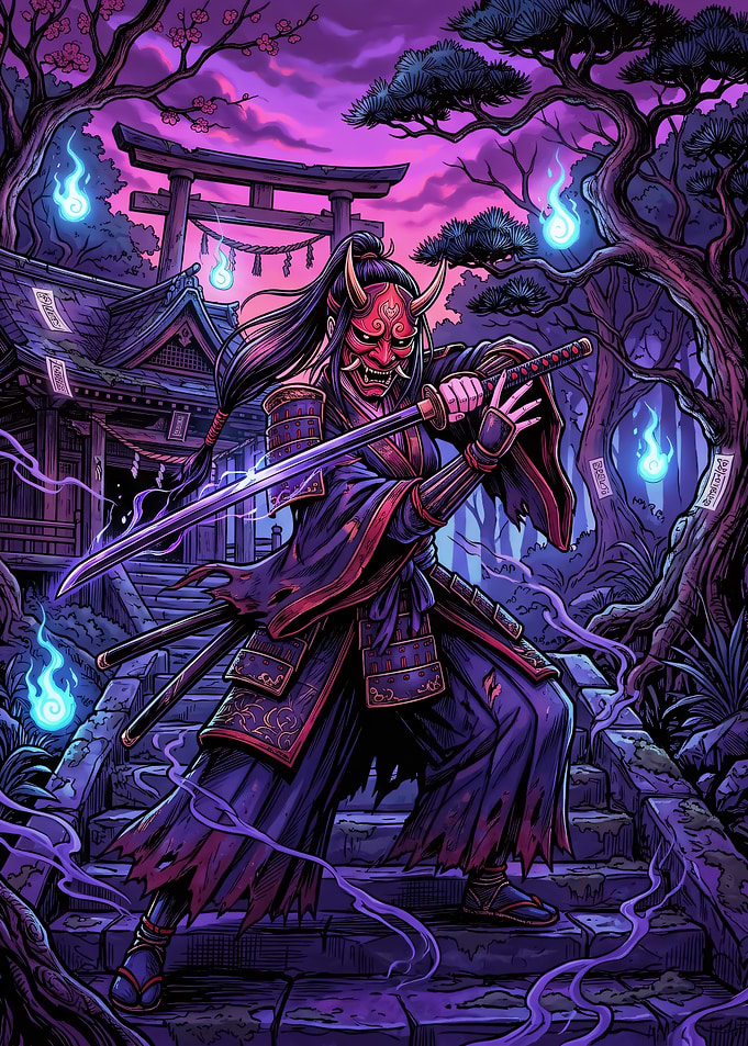 Oni Mask Samurai Warrior at Shrine