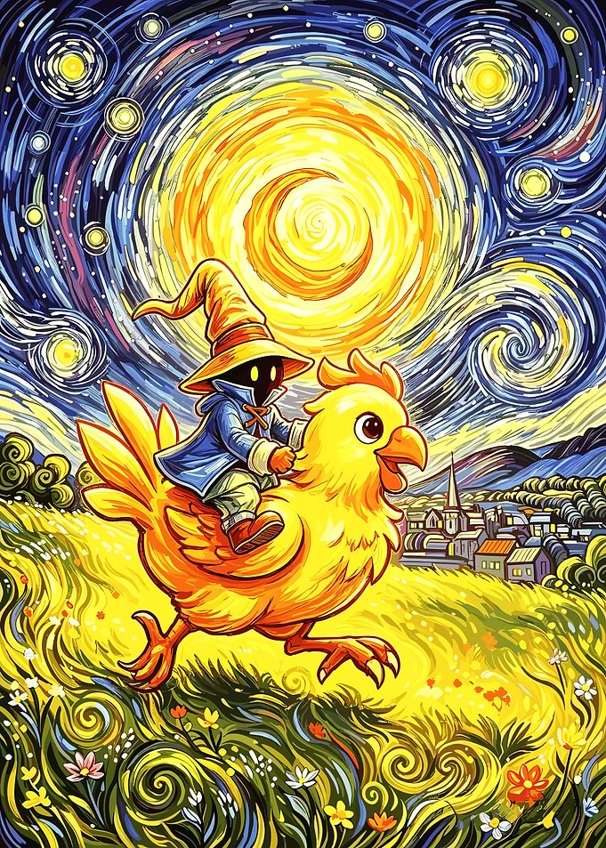 Black Mage Riding Chocobo Starry Night