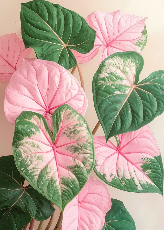 Vibrant Pink and Green Caladium Leaves