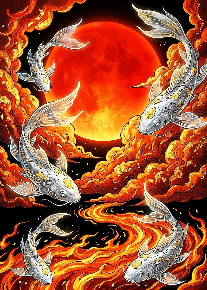 Silver Koi Fish Under Red Moon