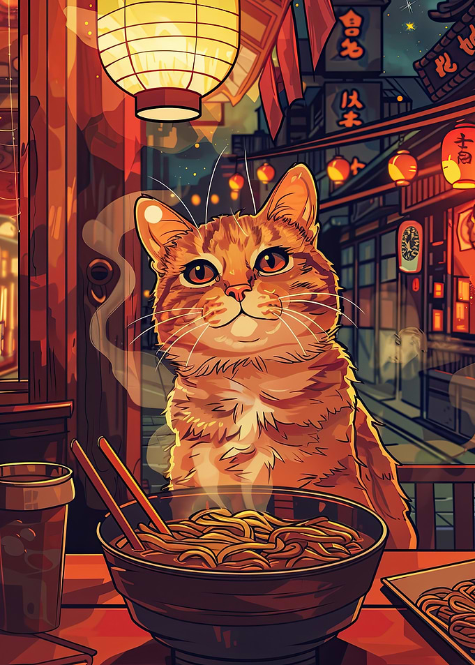 Cute Cat Eating Ramen in Japan