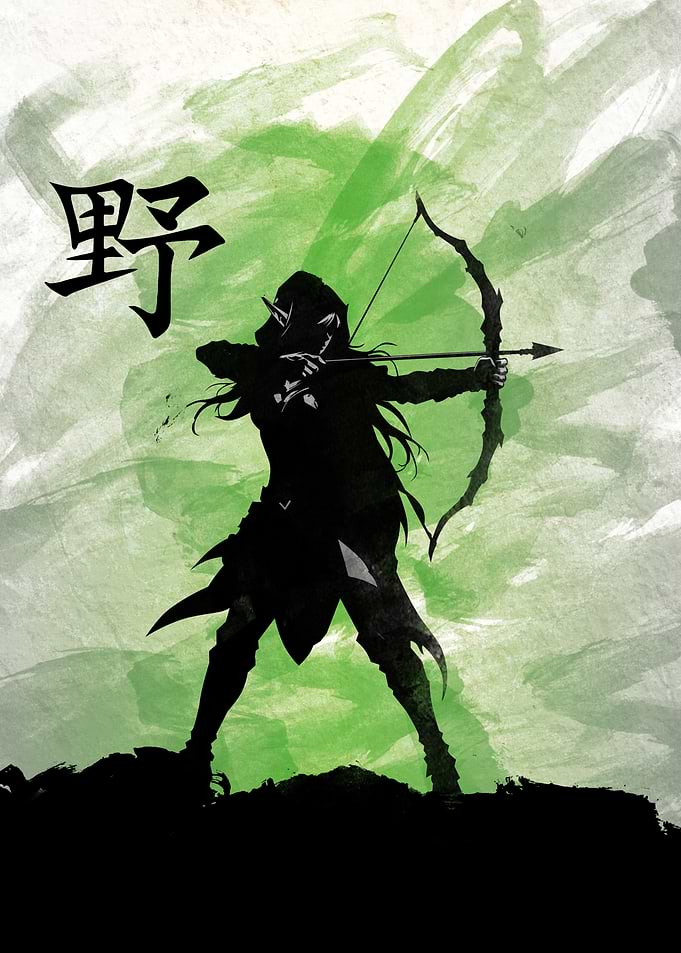 Elven Archer Silhouette with Kanji
