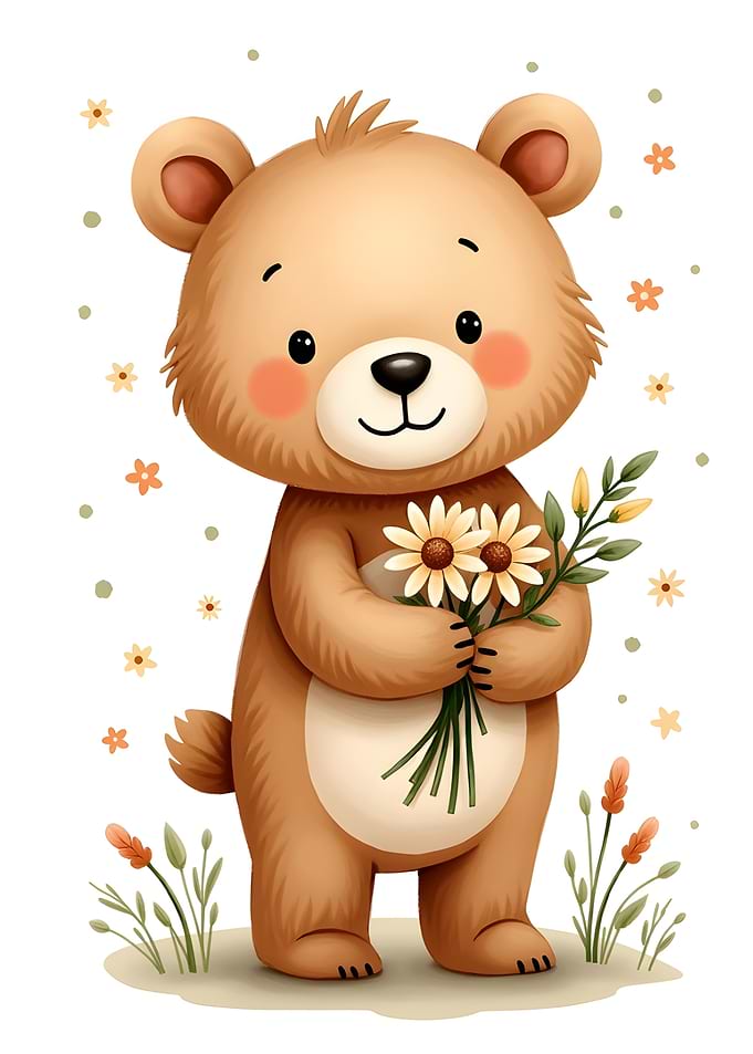 Cute Teddy Bear Holding Flowers