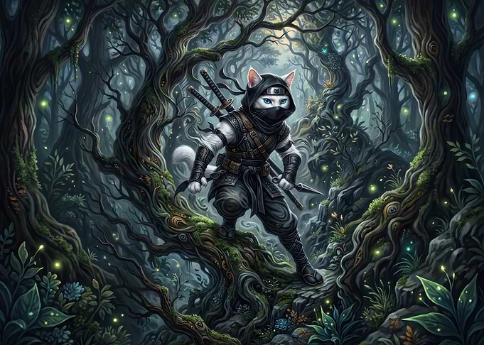 White Ninja Cat in Enchanted Forest