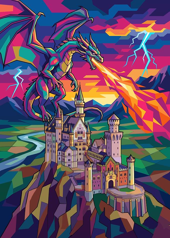 Colorful Pop Art Dragon and Castle