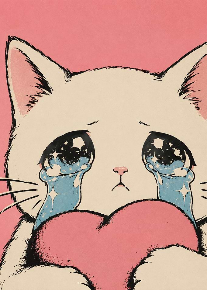 Crying White Cat Holding Heart