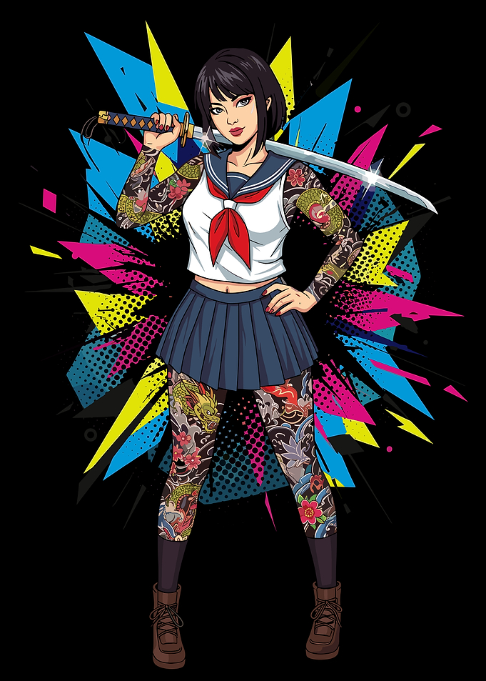 Tattooed Anime Schoolgirl with Katana