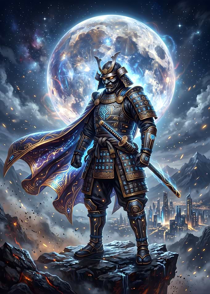 Cosmic Samurai Warrior Under Full Moon