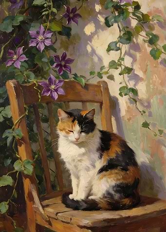 Calico Cat Resting on Wooden Chair