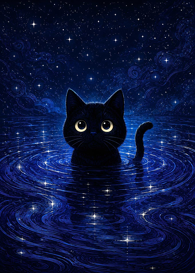Black Cat in Starry Water