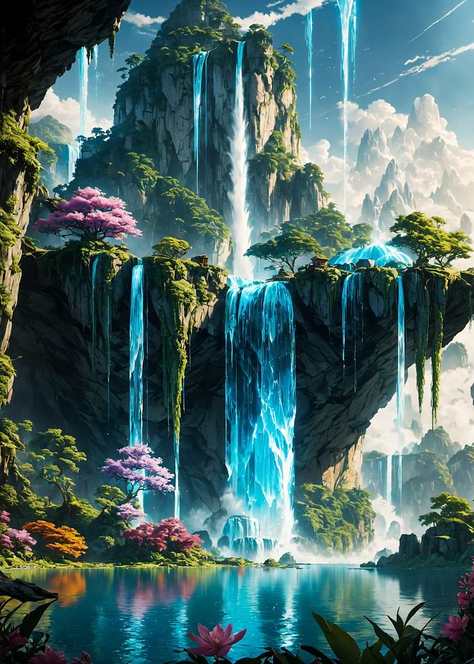 Ethereal Floating Mountain Waterfall Landscape